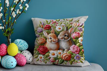 Happy Easter / Paskalya Koleksiyonu - Paskalya Tavşanları 2'li Kırlent Paneli Dikilmemiş Kumaş