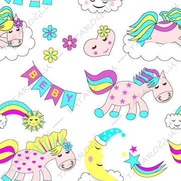 Beyaz Zemin Üzerine Sevimli Unicorn Desenli Dijital Baskılı Kumaş