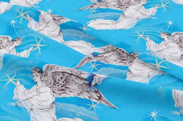 Yılbaşı Koleksiyonu- Winter Wonder Collection, Yılbaşı Turkuaz Zeminli El Çizimi Sihir Değnekli Melekler, Kar Taneleri ve Yıldızlar Desenli Kumaş