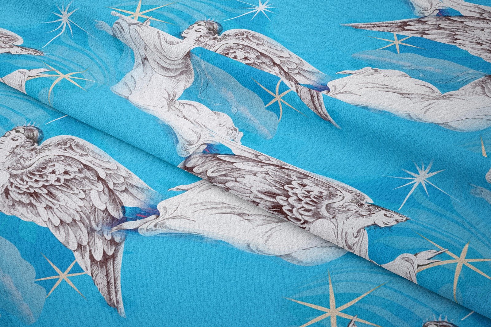 Yılbaşı Koleksiyonu- Winter Wonder Collection, Yılbaşı Turkuaz Zeminli El Çizimi Sihir Değnekli Melekler, Kar Taneleri ve Yıldızlar Desenli Kumaş