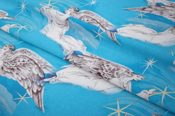 Yılbaşı Koleksiyonu- Winter Wonder Collection, Yılbaşı Turkuaz Zeminli El Çizimi Sihir Değnekli Melekler, Kar Taneleri ve Yıldızlar Desenli Kumaş