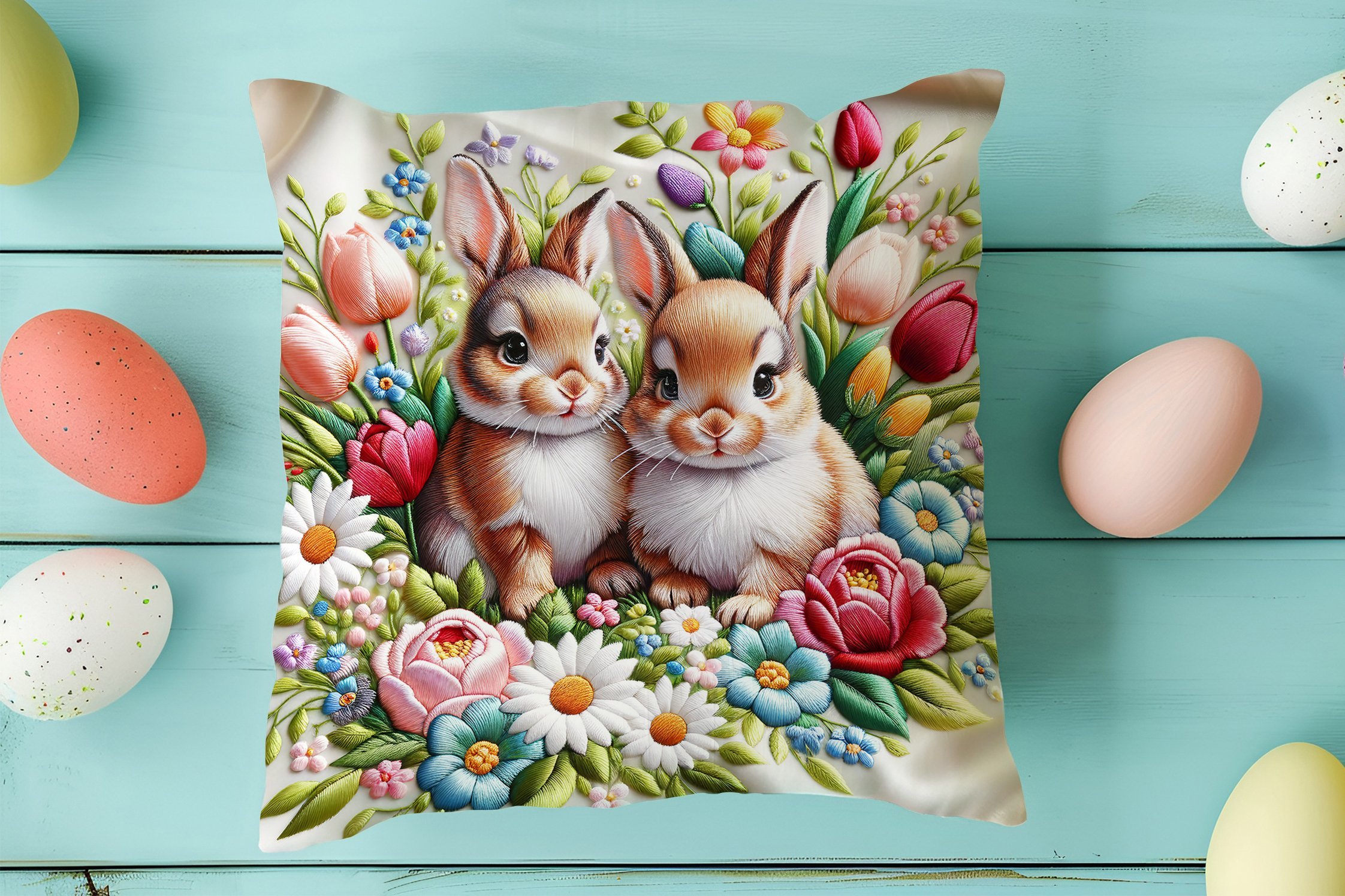 Happy Easter / Paskalya Koleksiyonu - Paskalya Tavşanları 2'li Kırlent Paneli Dikilmemiş Kumaş
