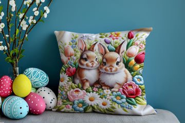 Happy Easter / Paskalya Koleksiyonu - Paskalya Tavşanları 2'li Kırlent Paneli Dikilmemiş Kumaş