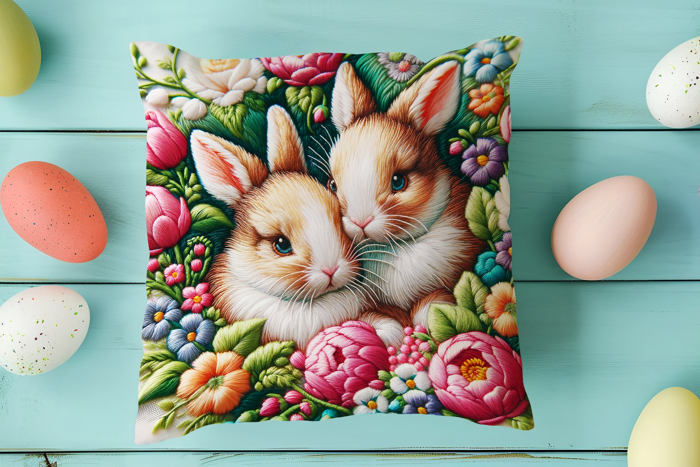 Happy Easter / Paskalya Koleksiyonu - Paskalya Tavşanları 2'li Kırlent Paneli Dikilmemiş Kumaş