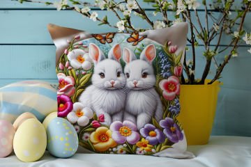 Happy Easter / Paskalya Koleksiyonu - Paskalya Tavşanları 2'li Kırlent Paneli Dikilmemiş Kumaş