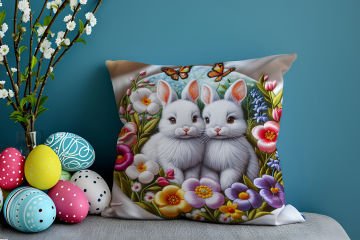 Happy Easter / Paskalya Koleksiyonu - Paskalya Tavşanları 2'li Kırlent Paneli Dikilmemiş Kumaş