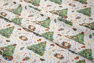 Yılbaşı Koleksiyonu- Winter Wonder Collection, Yılbaşı Beyaz Zeminli Gold Yıldızlı, Süslü Yılbaşı Ağacı, Atlı Karınca, Çalar Saat, Baston Şeker Desenli Kumaş