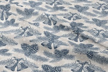 Yılbaşı Koleksiyonu- Winter Wonder Collection, Yılbaşı Bej Kar Taneleri Zeminli, Lacivert Kurdeleli Çanlar, Kozalaklar ve Çam Ağacı Dalları Desenli Kumaş