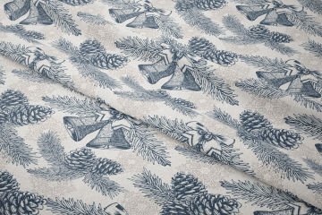 Yılbaşı Koleksiyonu- Winter Wonder Collection, Yılbaşı Bej Kar Taneleri Zeminli, Lacivert Kurdeleli Çanlar, Kozalaklar ve Çam Ağacı Dalları Desenli Kumaş