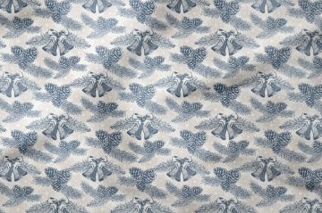 Yılbaşı Koleksiyonu- Winter Wonder Collection, Yılbaşı Bej Kar Taneleri Zeminli, Lacivert Kurdeleli Çanlar, Kozalaklar ve Çam Ağacı Dalları Desenli Kumaş