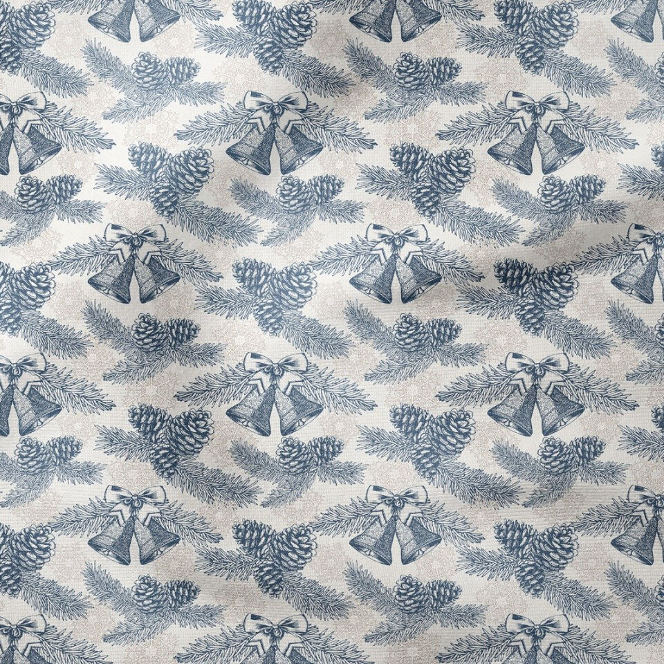 Yılbaşı Koleksiyonu- Winter Wonder Collection, Yılbaşı Bej Kar Taneleri Zeminli, Lacivert Kurdeleli Çanlar, Kozalaklar ve Çam Ağacı Dalları Desenli Kumaş
