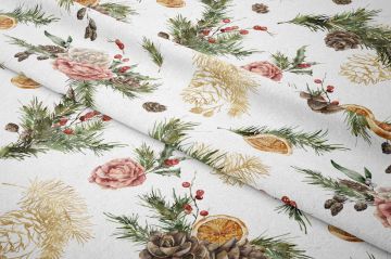 Yılbaşı Koleksiyonu- Winter Wonder Collection, Yılbaşı Krem Zeminli Yılbaşı Kırmızı Tomurcuklar, Kurumuş Limon Dilimleri, Pembe Beyaz Güller ve Çam Ağacı Dalları Desenli Kumaş