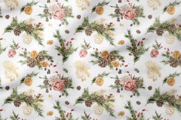 Yılbaşı Koleksiyonu- Winter Wonder Collection, Yılbaşı Krem Zeminli Yılbaşı Kırmızı Tomurcuklar, Kurumuş Limon Dilimleri, Pembe Beyaz Güller ve Çam Ağacı Dalları Desenli Kumaş