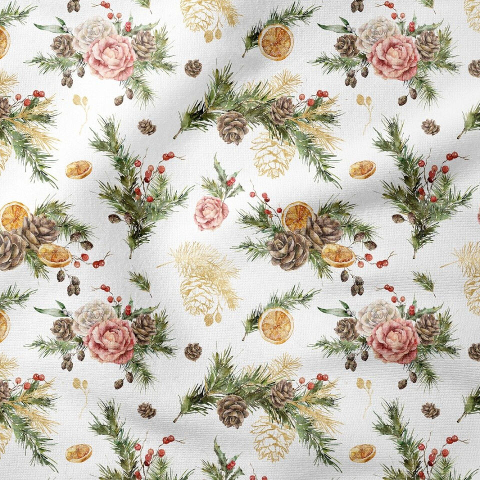 Yılbaşı Koleksiyonu- Winter Wonder Collection, Yılbaşı Krem Zeminli Yılbaşı Kırmızı Tomurcuklar, Kurumuş Limon Dilimleri, Pembe Beyaz Güller ve Çam Ağacı Dalları Desenli Kumaş