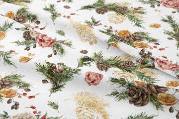 Yılbaşı Koleksiyonu- Winter Wonder Collection, Yılbaşı Krem Zeminli Yılbaşı Kırmızı Tomurcuklar, Kurumuş Limon Dilimleri, Pembe Beyaz Güller ve Çam Ağacı Dalları Desenli Kumaş