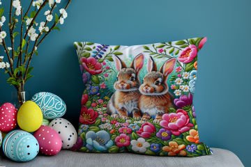 Happy Easter / Paskalya Koleksiyonu - Paskalya Tavşanları 2'li Kırlent Paneli Dikilmemiş Kumaş