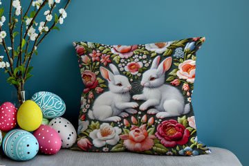 Happy Easter / Paskalya Koleksiyonu - Paskalya Tavşanları 2'li Kırlent Paneli Dikilmemiş Kumaş