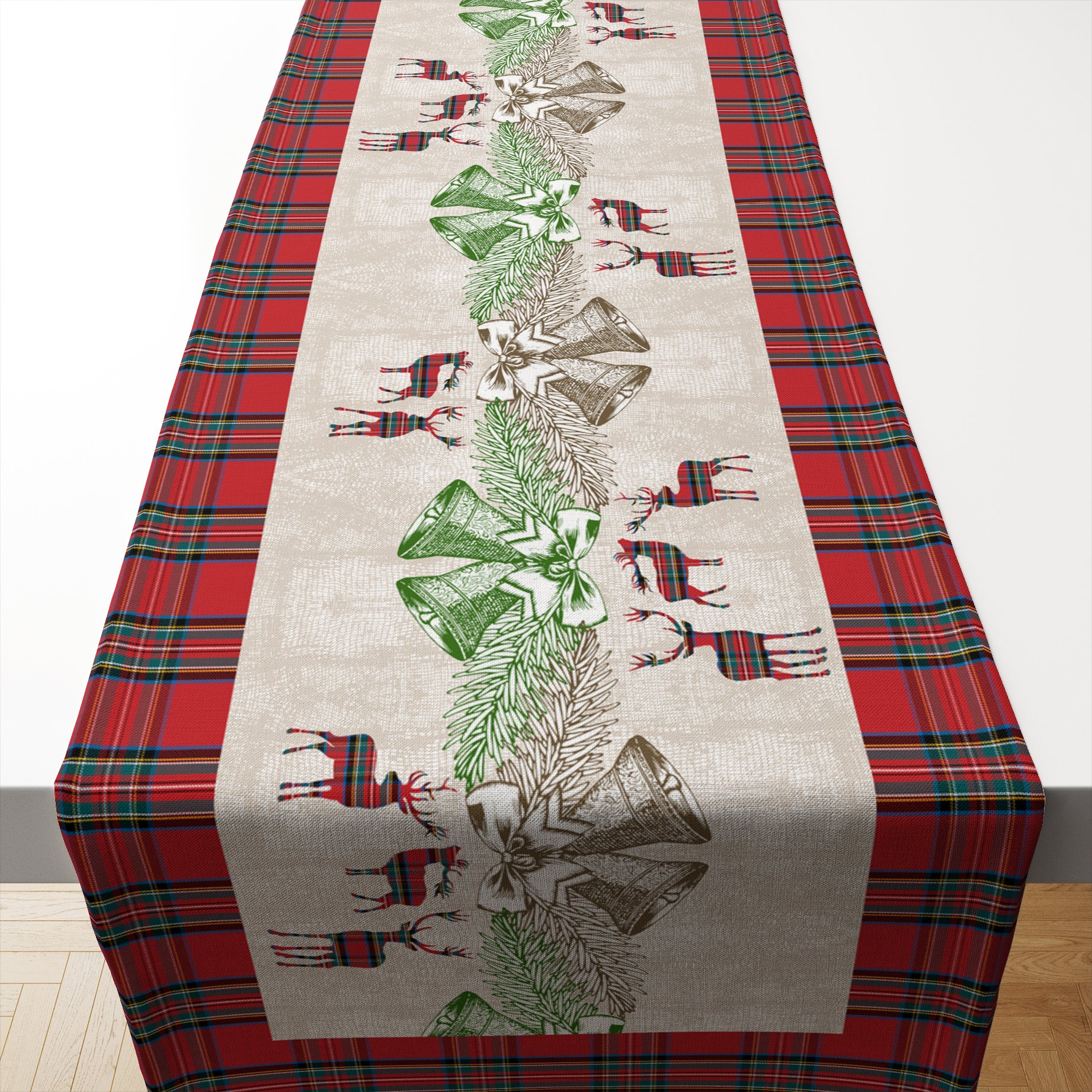 Yılbaşı Koleksiyonu- 50 cm'lik Runner Yılbaşı Ekoseli, Geyikli, Çanlı Kumaş