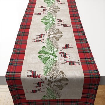 Yılbaşı Koleksiyonu- 50 cm'lik Runner Yılbaşı Ekoseli, Geyikli, Çanlı Kumaş