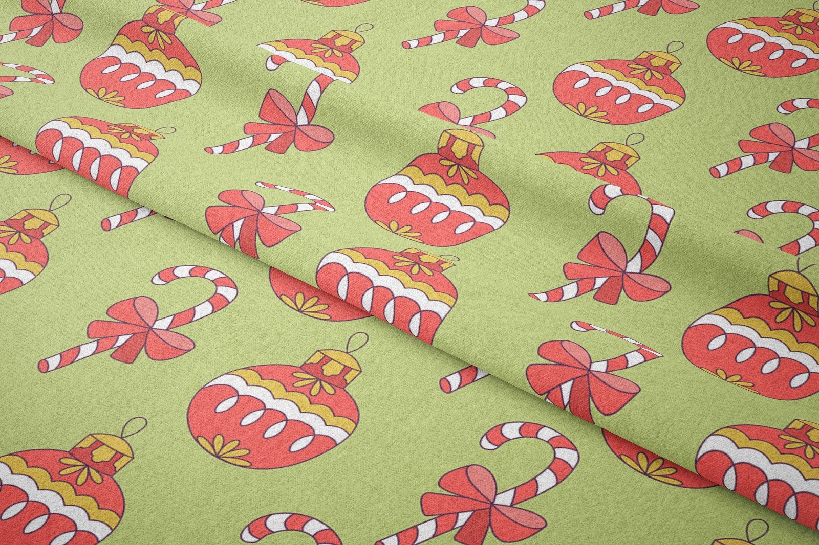 Yılbaşı Koleksiyonu- Winter Wonder Collection, Yılbaşı Fıstık Yeşili Zemin Üzerine Kırmızı Beyaz Şekerlemeli, Yılbaşı Toplu Desenli Kumaş