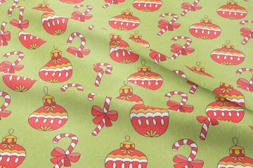 Yılbaşı Koleksiyonu- Winter Wonder Collection, Yılbaşı Fıstık Yeşili Zemin Üzerine Kırmızı Beyaz Şekerlemeli, Yılbaşı Toplu Desenli Kumaş