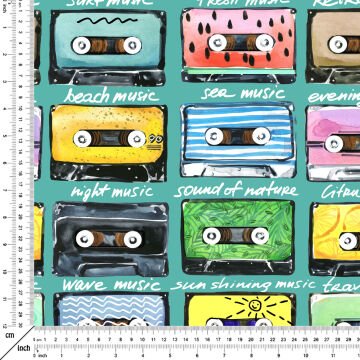 Renkli Eski Kaset Desenli Dijital Baskı Kumaş