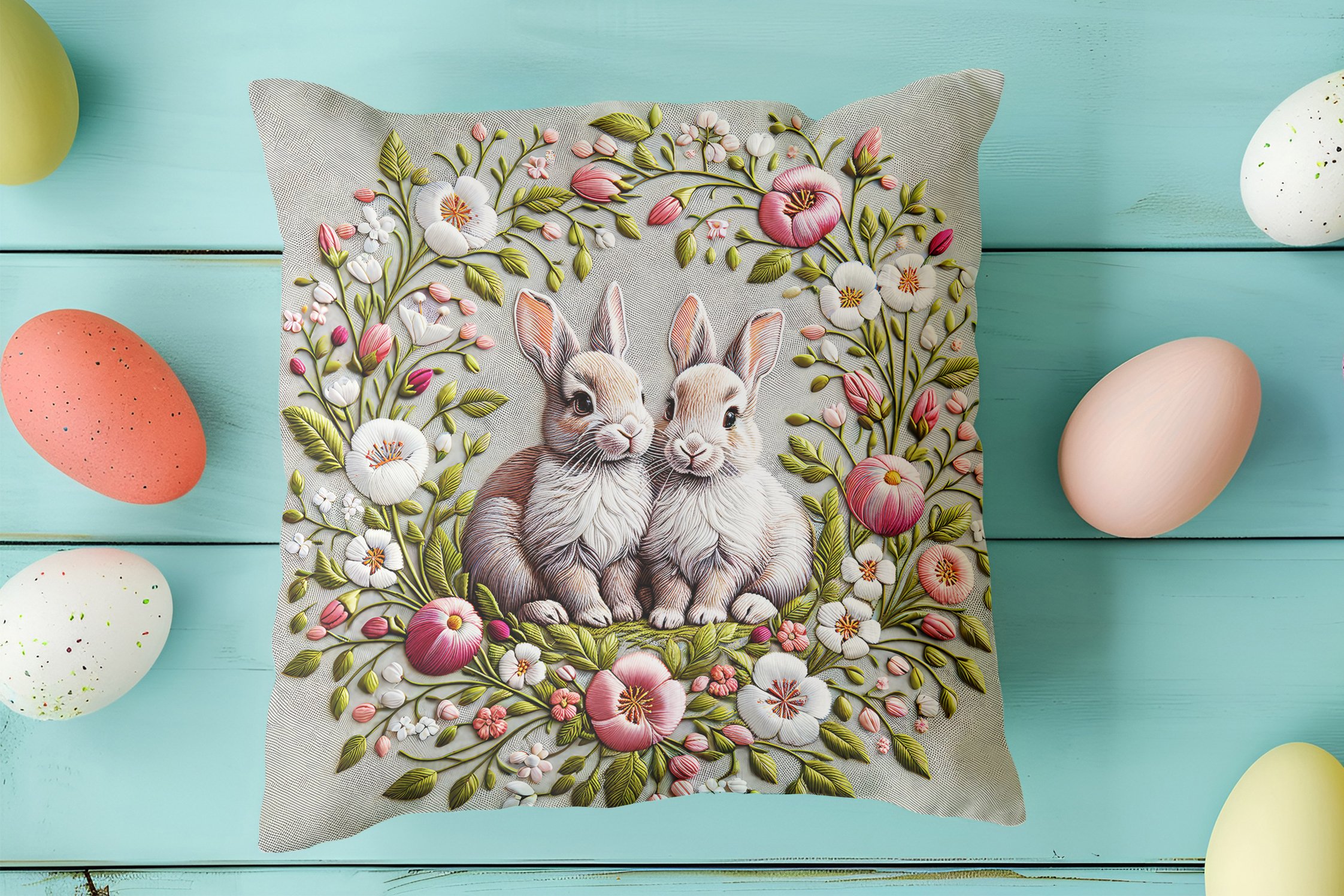 Happy Easter / Paskalya Koleksiyonu - Paskalya Tavşanları 2'li Kırlent Paneli Dikilmemiş Kumaş