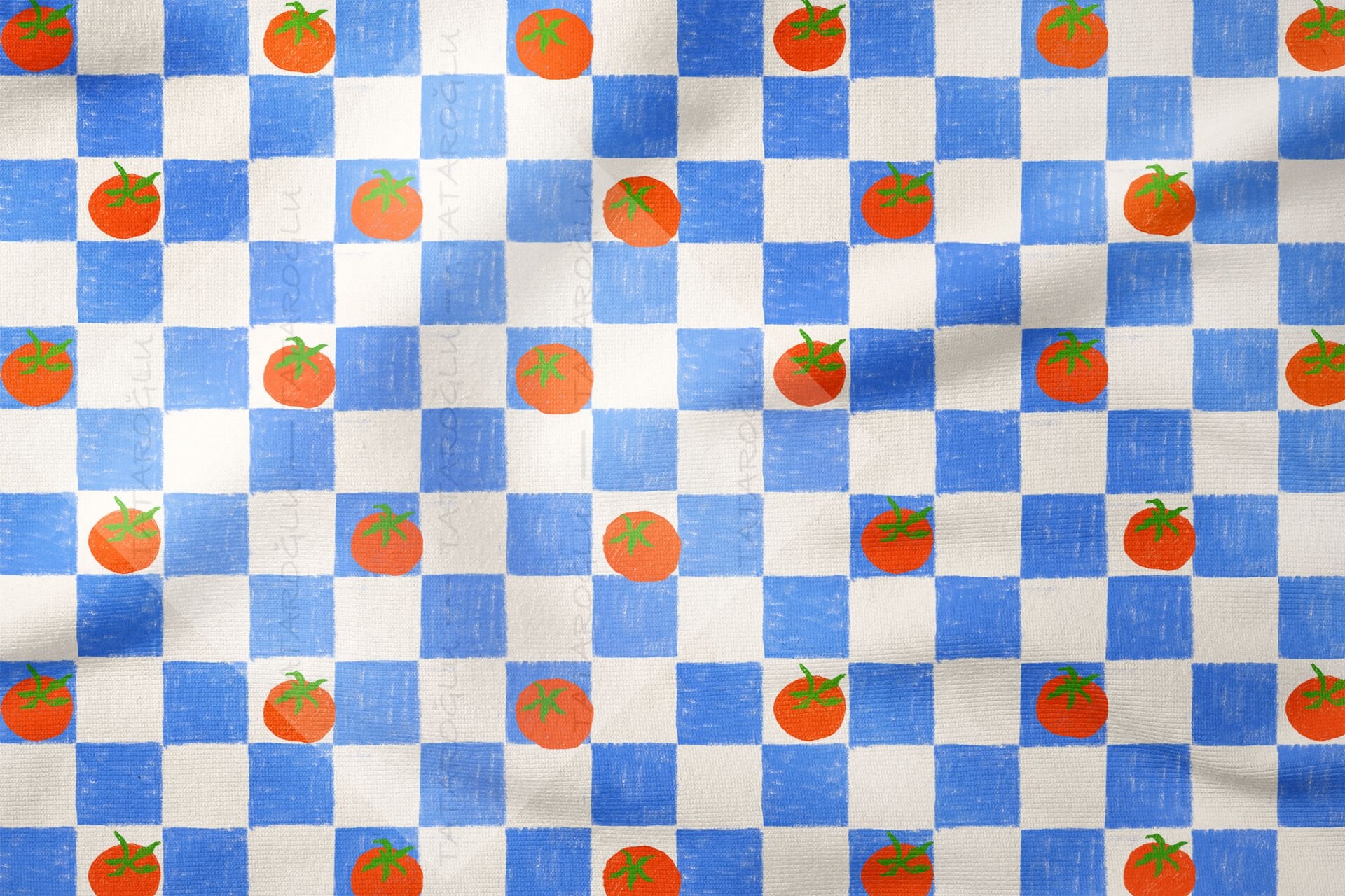 Domates Desenli Kumaş Mavi Kareli Yazlık Kumaş