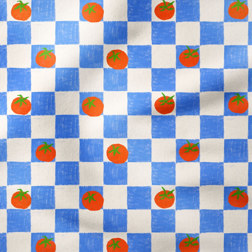 Domates Desenli Kumaş Mavi Kareli Yazlık Kumaş