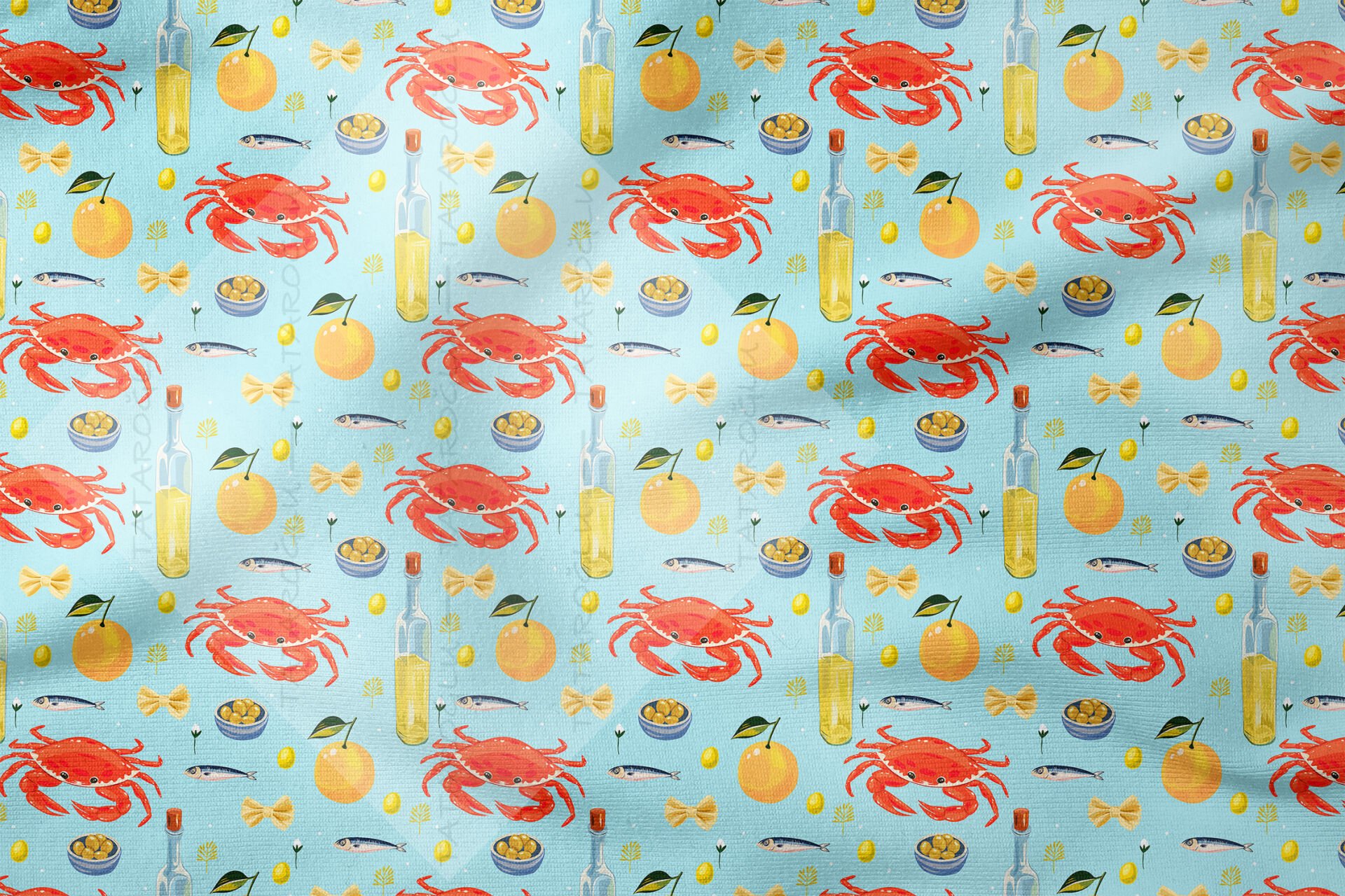 Yengeç Desenli Kumaş Deniz Temalı Mutfak Kumaşı