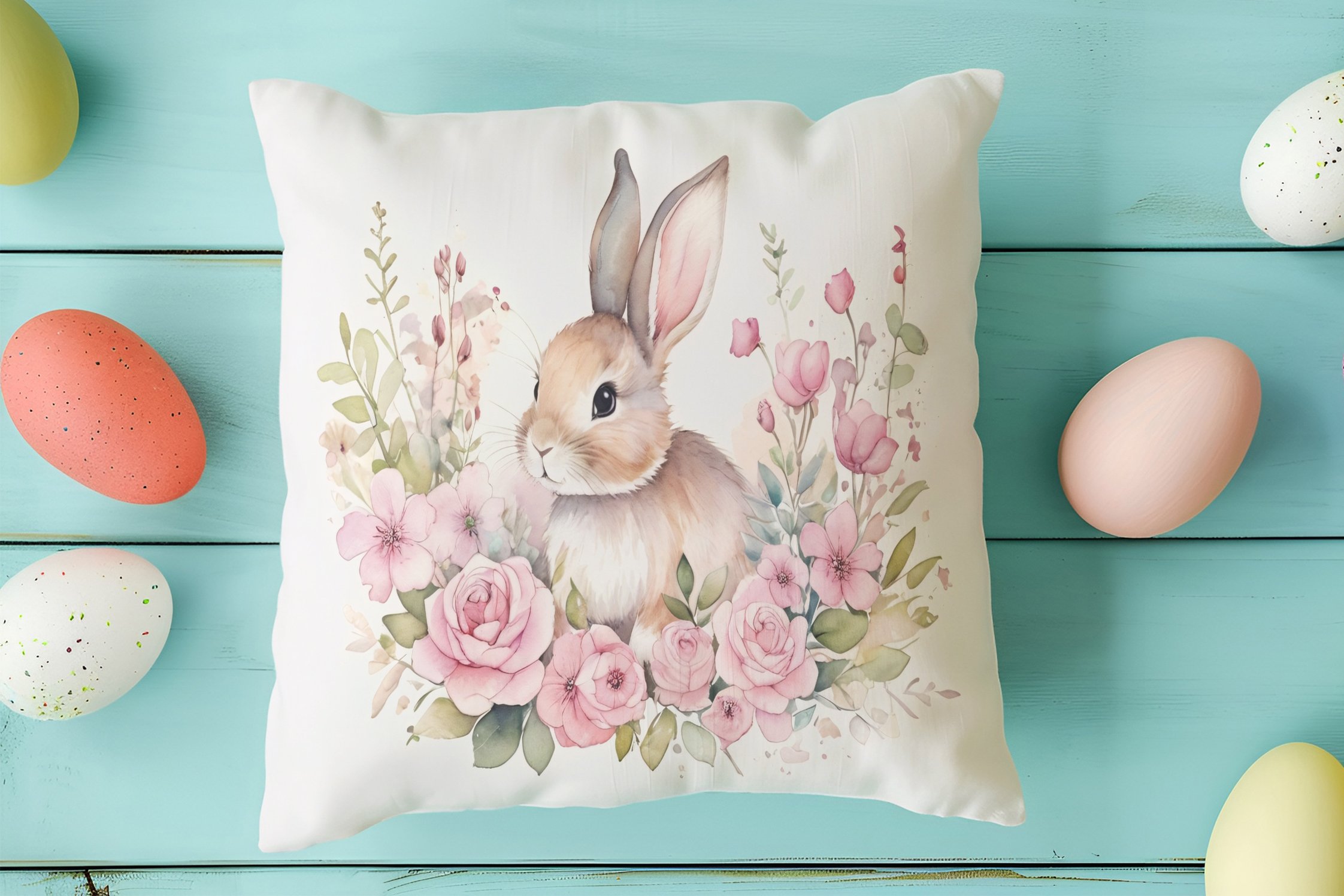 Happy Easter / Paskalya Koleksiyonu - Paskalya Tavşanları 2'li Kırlent Paneli Dikilmemiş Kumaş