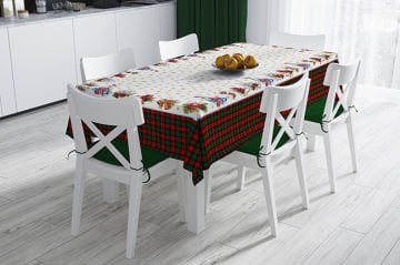 Yılbaşı Koleksiyonu- Kenarları Ekoseli Ortası Yılbaşı Süslü Masa Örtüsü Dikişsiz