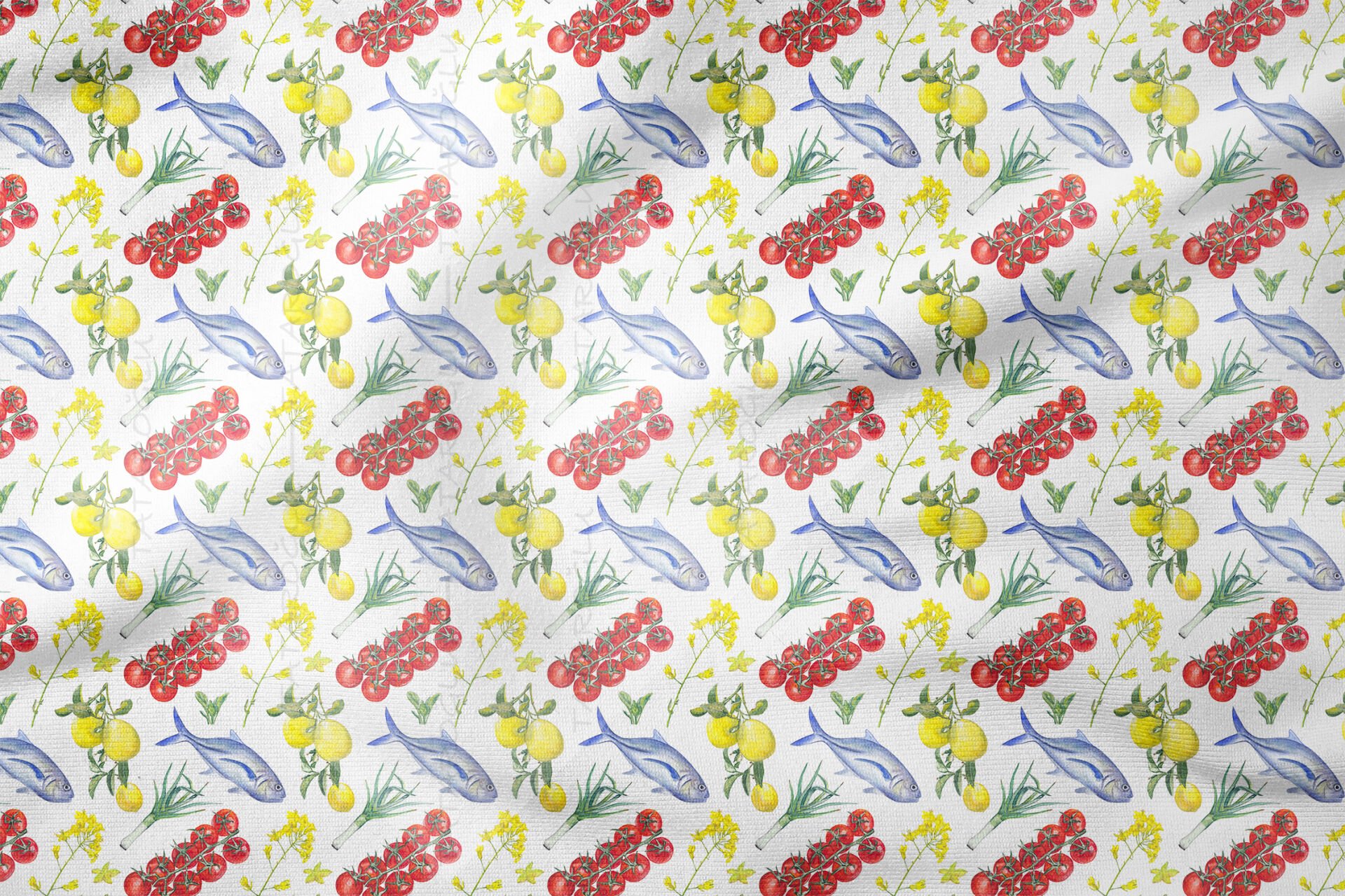 Yazlık Balık Limon Domates Desenli Mutfak Kumaşı