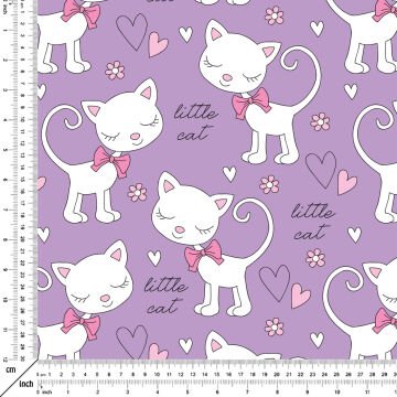 Lila Zemin Üzerine Minik Beyaz Kedicik Desenli Kumaş