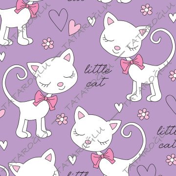 Little White Kitten Patterned Fabric on Lilac Background