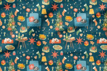 Yılbaşı Koleksiyonu- Winter Wonder Collection,Lacivert Zeminli Yıldızlı,Kedili,Köpekli,Çam Ağaçlı ,Yılbaşı Çoraplı,Kurabiyeli Yılbaşı Kumaşı