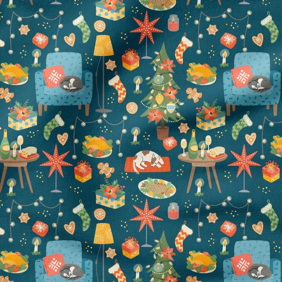Yılbaşı Koleksiyonu- Winter Wonder Collection,Lacivert Zeminli Yıldızlı,Kedili,Köpekli,Çam Ağaçlı ,Yılbaşı Çoraplı,Kurabiyeli Yılbaşı Kumaşı