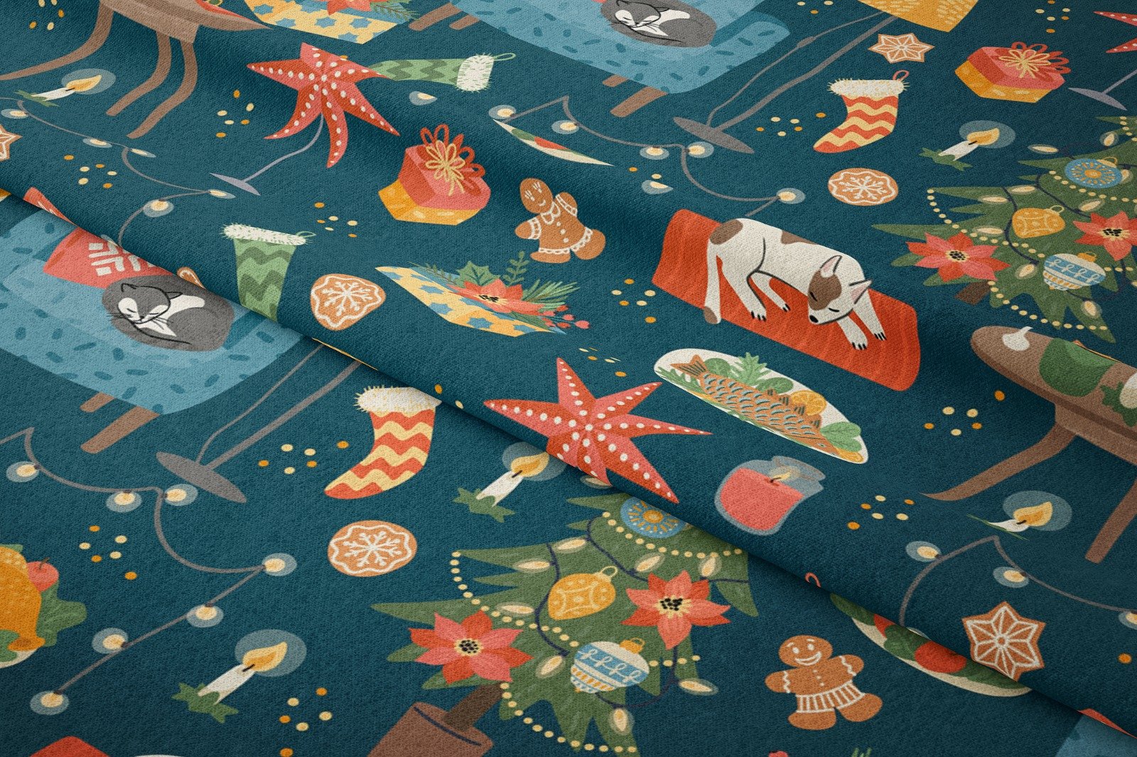 Yılbaşı Koleksiyonu- Winter Wonder Collection,Lacivert Zeminli Yıldızlı,Kedili,Köpekli,Çam Ağaçlı ,Yılbaşı Çoraplı,Kurabiyeli Yılbaşı Kumaşı