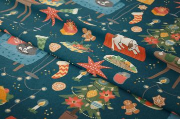 Yılbaşı Koleksiyonu- Winter Wonder Collection,Lacivert Zeminli Yıldızlı,Kedili,Köpekli,Çam Ağaçlı ,Yılbaşı Çoraplı,Kurabiyeli Yılbaşı Kumaşı