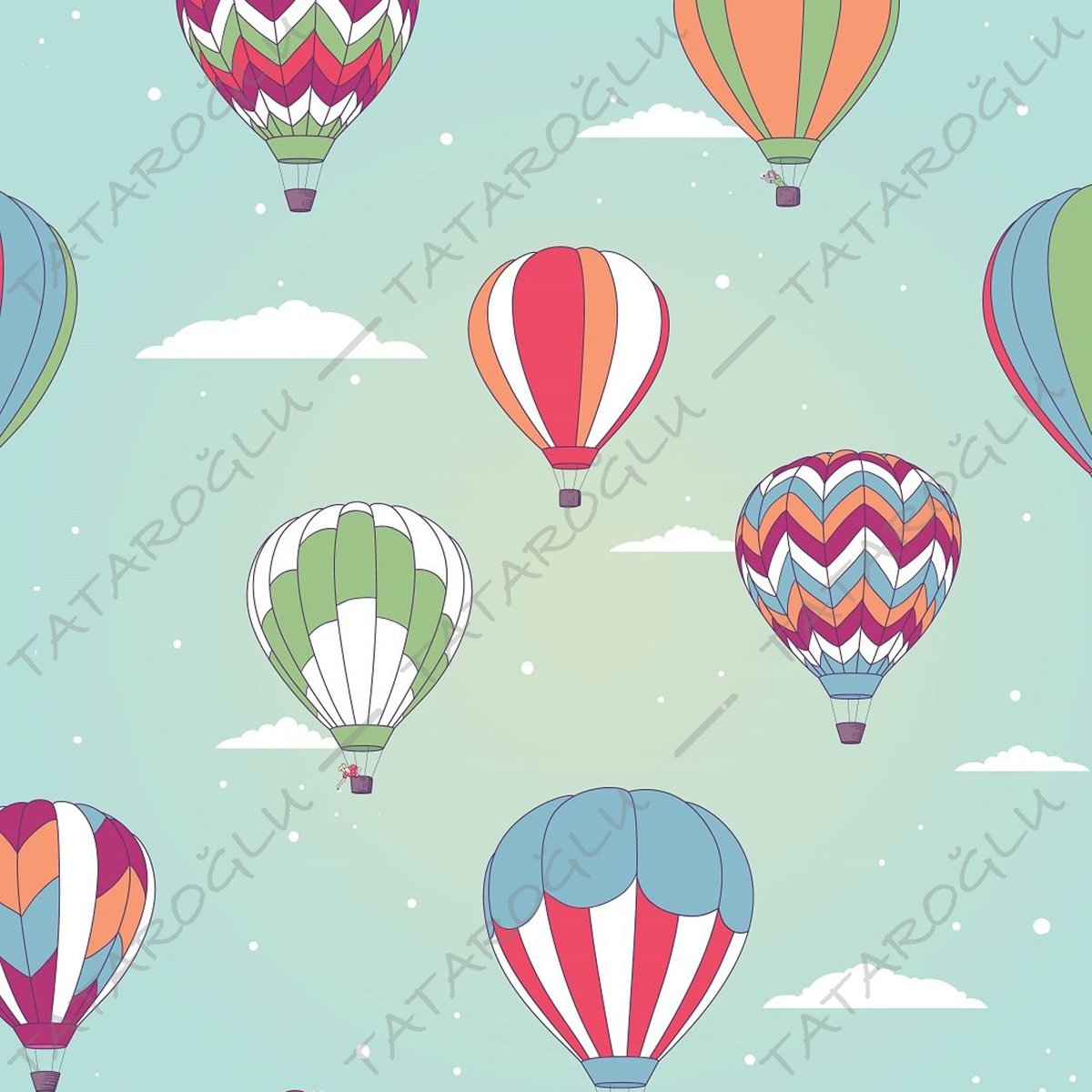 Mavi Gökyüzünde Renkli Uçan Balonlar Desenli Kumaş-BL7531
