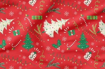 Yılbaşı Koleksiyonu- Winter Wonder Collection,Kırmızı Zeminli Çam Ağaçlı Hediye Kutulı Yılbaşı Kumaş