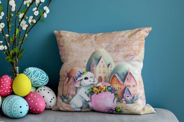 Happy Easter / Paskalya Koleksiyonu - Paskalya Tavşanları 2'li Kırlent Paneli Dikilmemiş Kumaş