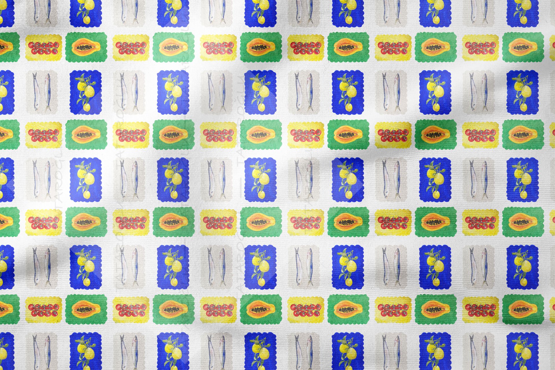 Meyve Balık Kumaş Deniz ve Mutfak Temalı Desenli Kumaş