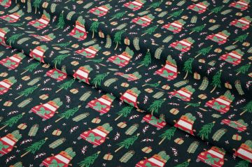 Yılbaşı Koleksiyonu- Winter Wonder Collection,Siyah Zeminli Kırmızı Arabalı,Hediye Kutulu, Çam Ağaçlı Yılbaşı Kumaşı