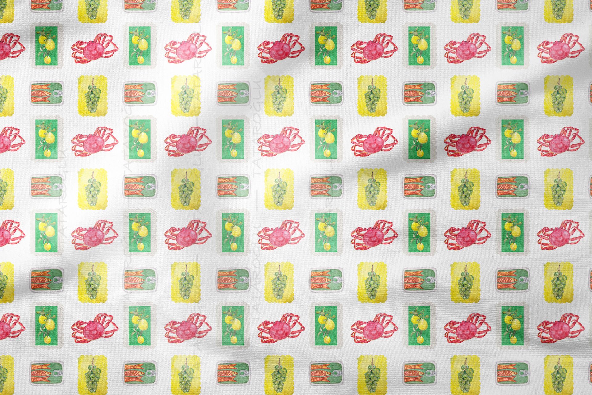 Deniz Meyve Kumaş Yengeç Limon Balık Desenli Kumaş