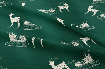 Yılbaşı Koleksiyonu- Winter Wonder Collection,Yeşil Zeminli Beyaz Geyikli Kızaklı Yılbaşı Kumaşı