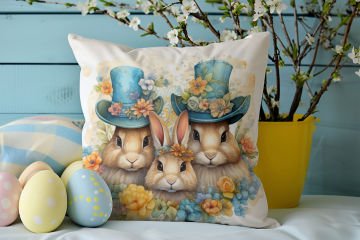 Happy Easter / Paskalya Koleksiyonu - Paskalya Tavşanları 2'li Kırlent Paneli Dikilmemiş Kumaş