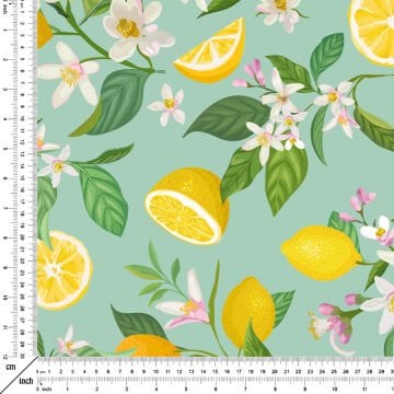 Limon Serisi-Turkuaz Zeminli Limon Desenli Dijital Baskılı Kumaş