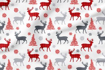 Yılbaşı Koleksiyonu- Winter Wonder Collection,Beyaz Zeminli Gri, Kırmızı Ekoseli Geyik Desenli Kumaş