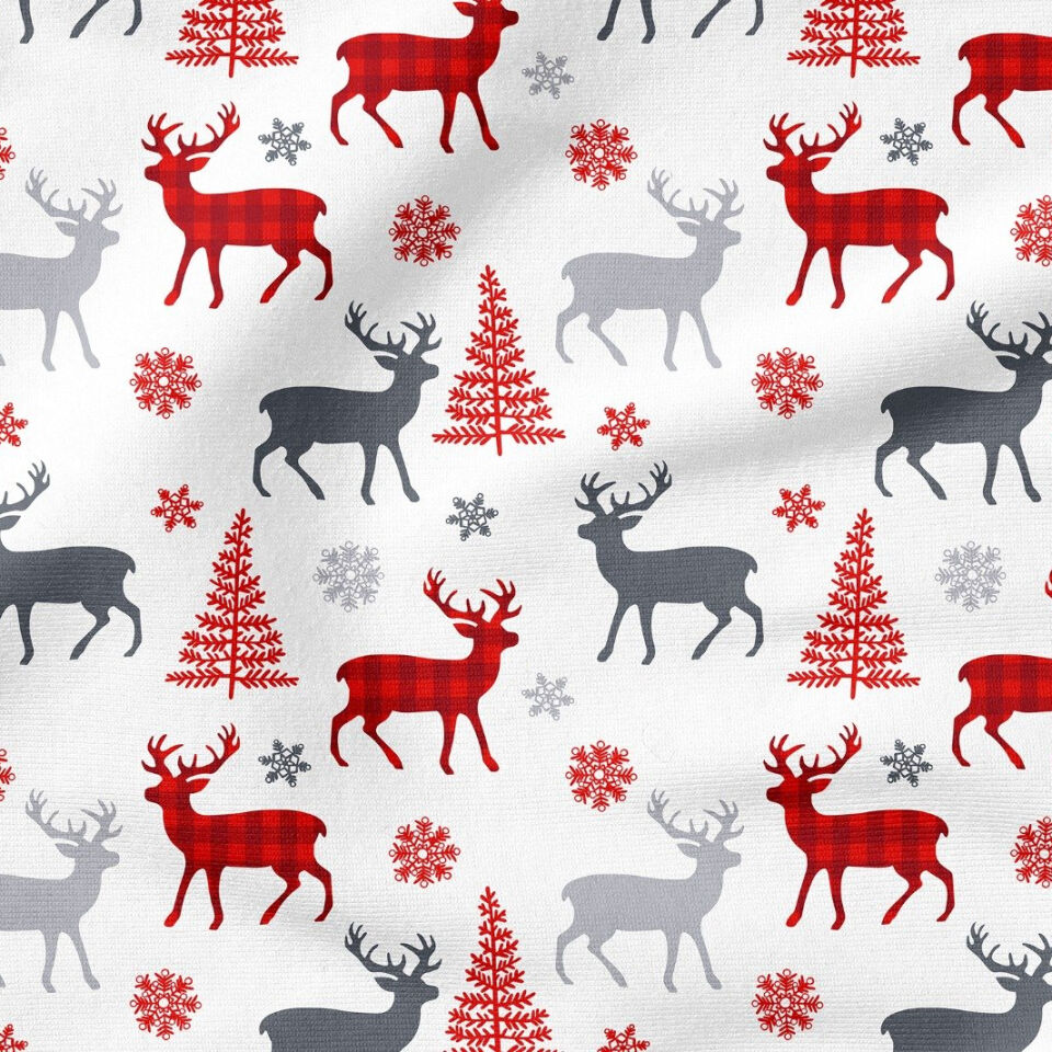 Yılbaşı Koleksiyonu- Winter Wonder Collection,Beyaz Zeminli Gri, Kırmızı Ekoseli Geyik Desenli Kumaş